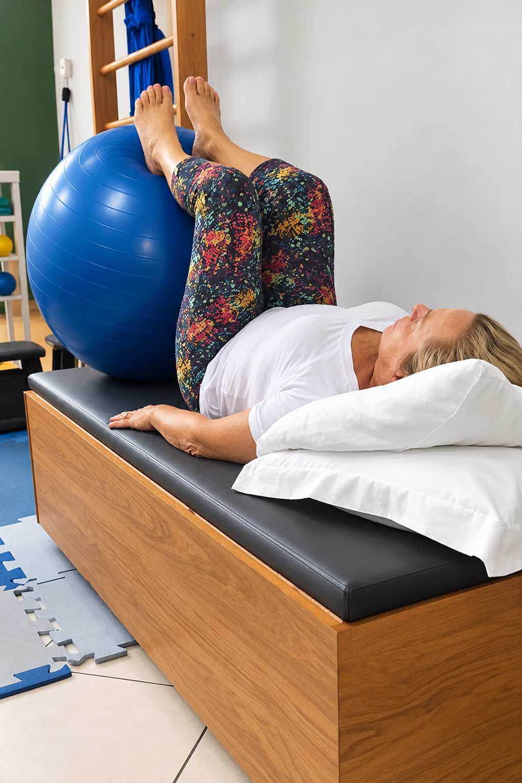 Paciente em exercício com bola terapêutica durante fisioterapia geriátrica